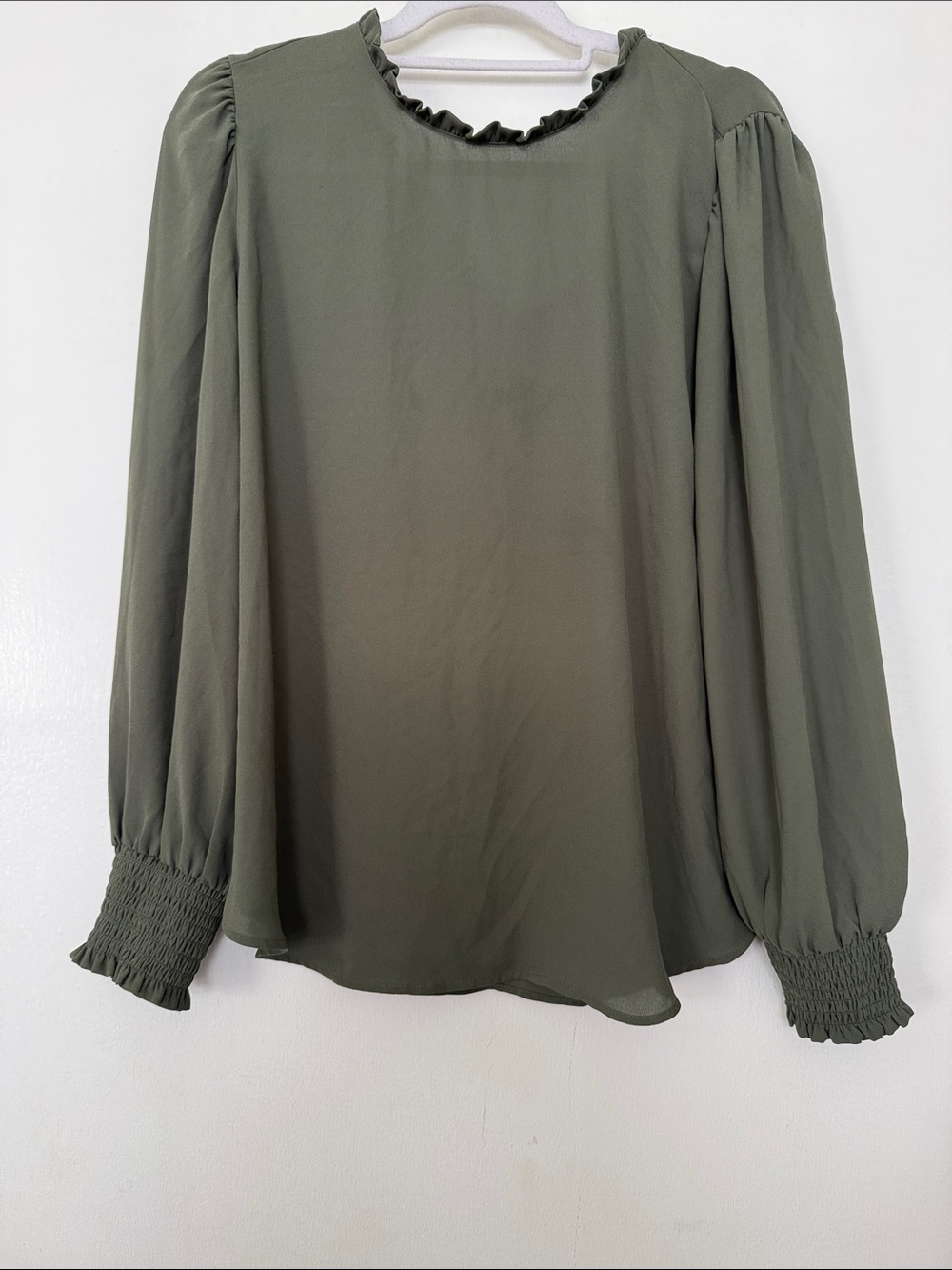 LOFT Olive Green Ruffle Neck Balloon Sleeve Blouse